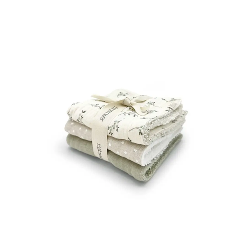 3-pack BabyShower mini serviettes in olive bloom pattern, neutral tones for baby bathing