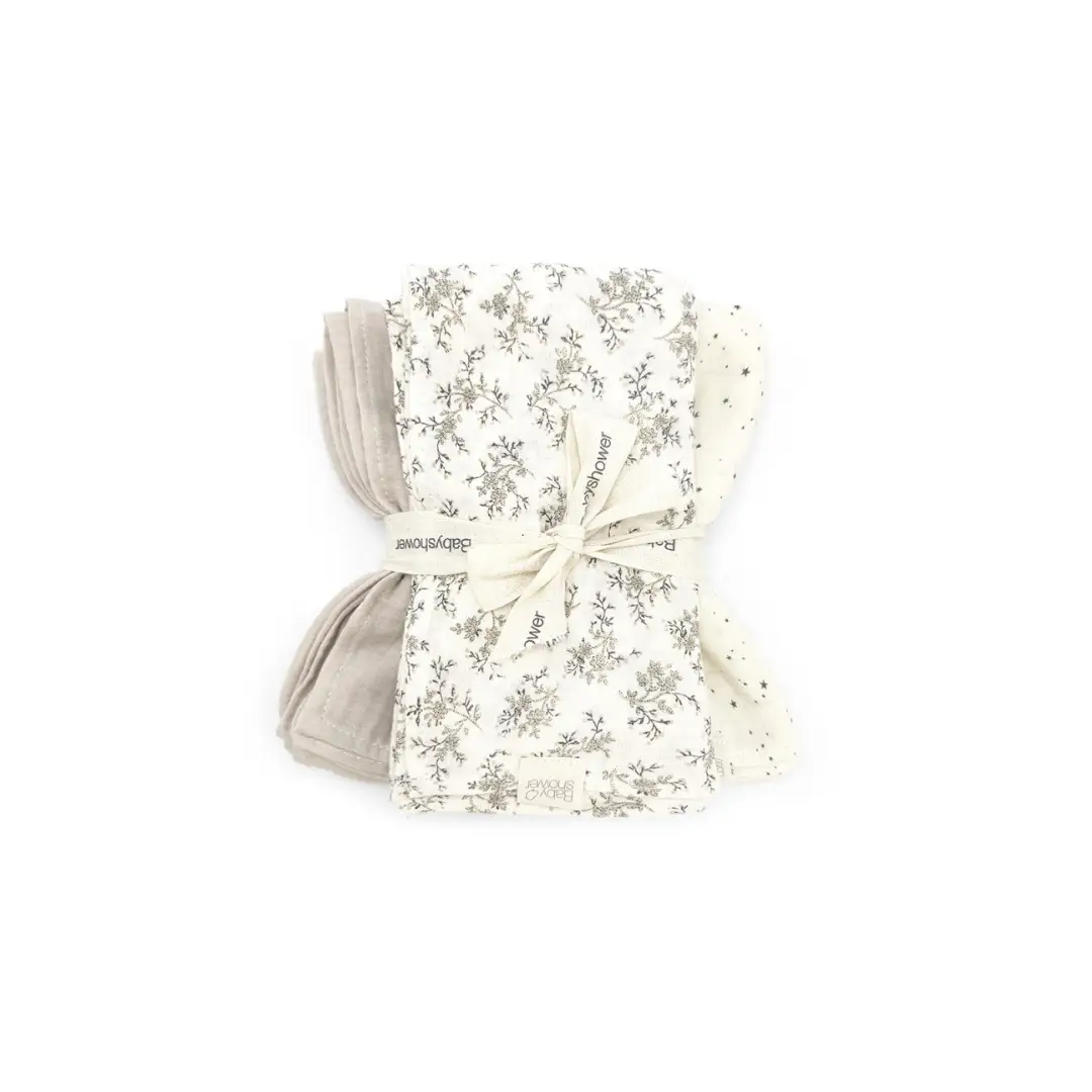 BABYSHOWER 3-pack swaddle blankets in neutral tones: floral print, star pattern, and solid beige