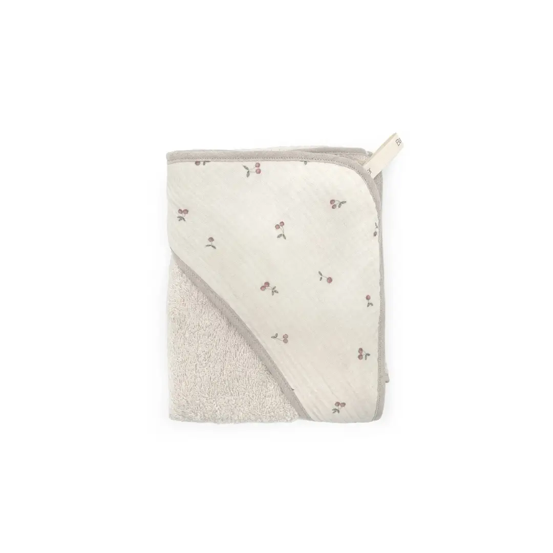 BABYSHOWER cape de bain by Citron Grenadine with cherry print on cream fabric and beige terry towel