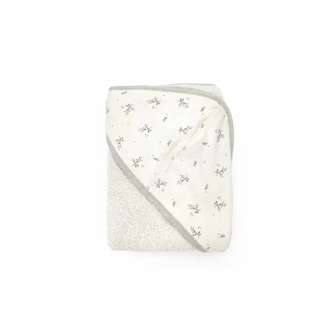Baby bath cape Roseberry by Citron Grenadine, cream towel with brown floral print and gray trim