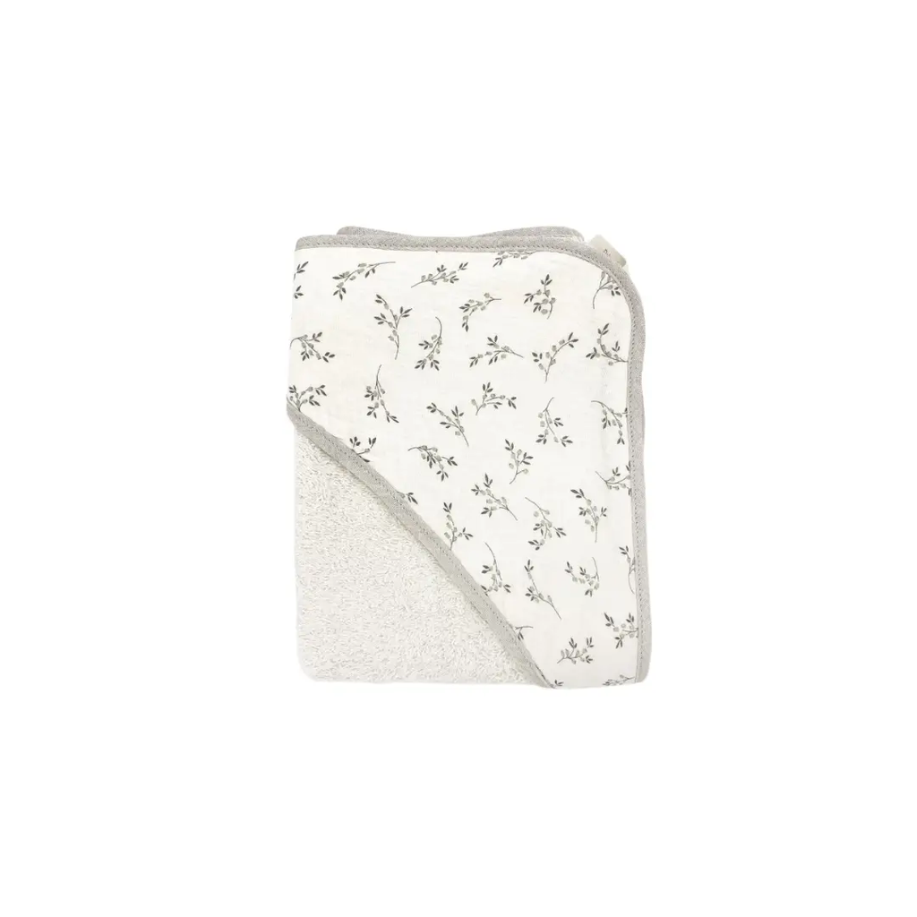 Baby bath cape Citron Grenadine, olive bloom print on beige fabric with gray trim