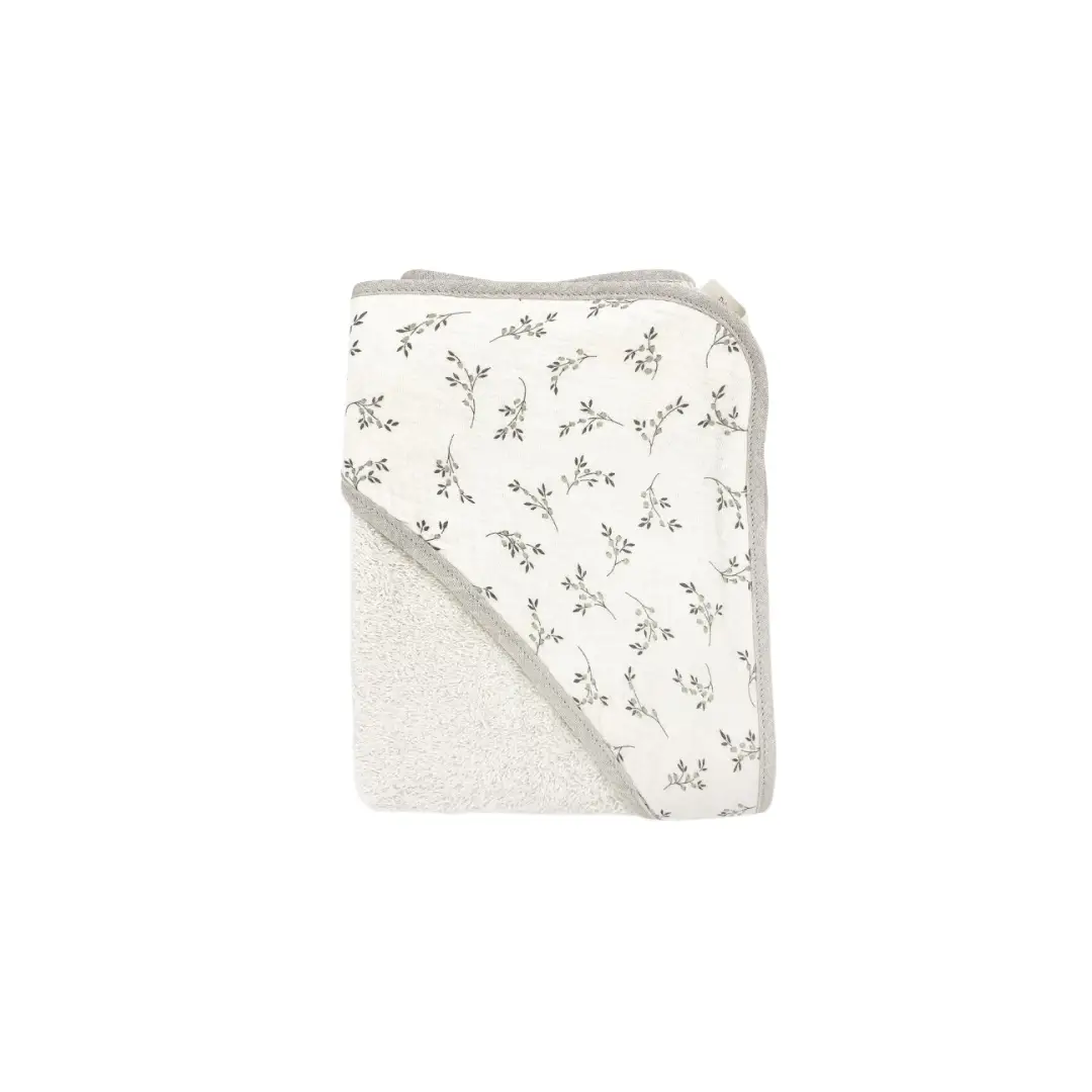 Baby bath cape Citron Grenadine, olive bloom print on beige fabric with gray trim