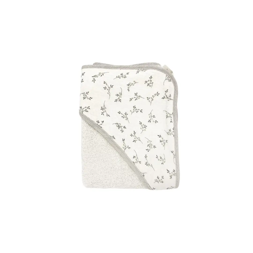 Baby bath cape Citron Grenadine, olive bloom print on beige fabric with gray trim