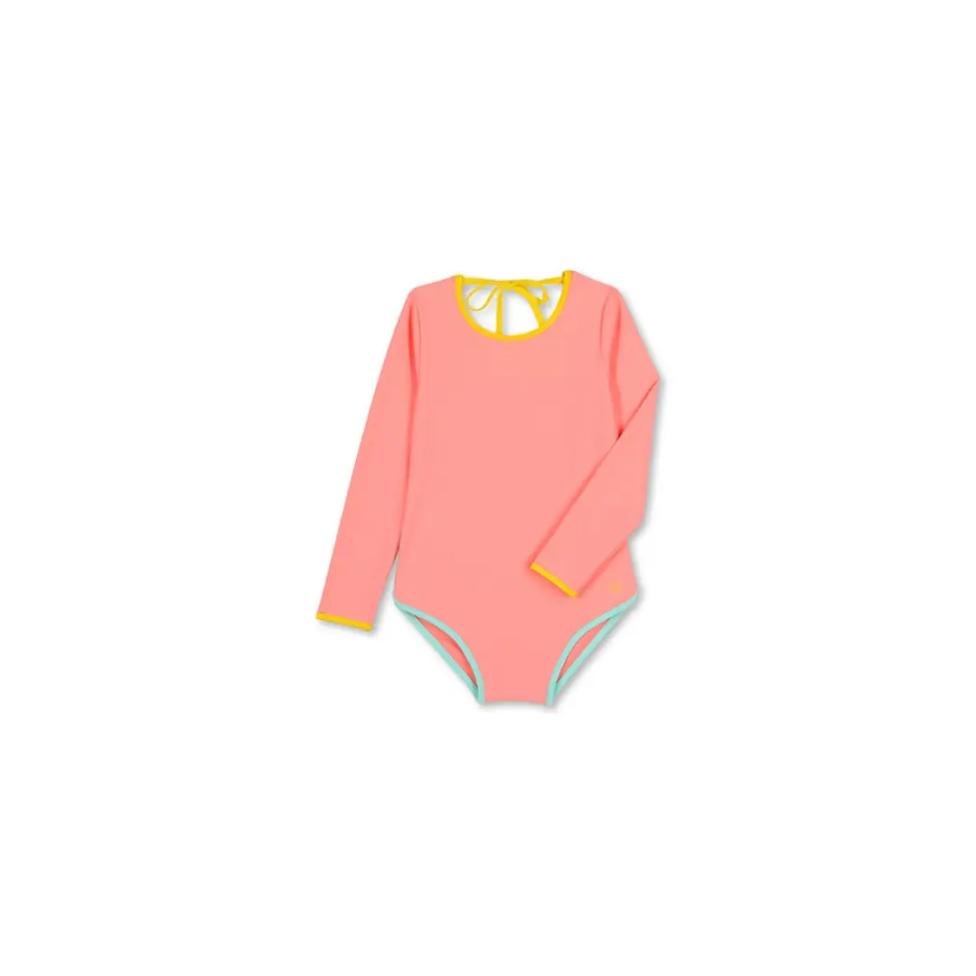 BAÏNES kim maillot anti UV peach one-piece swimsuit by Citron Grenadine with yellow trim and turquoise leg openings