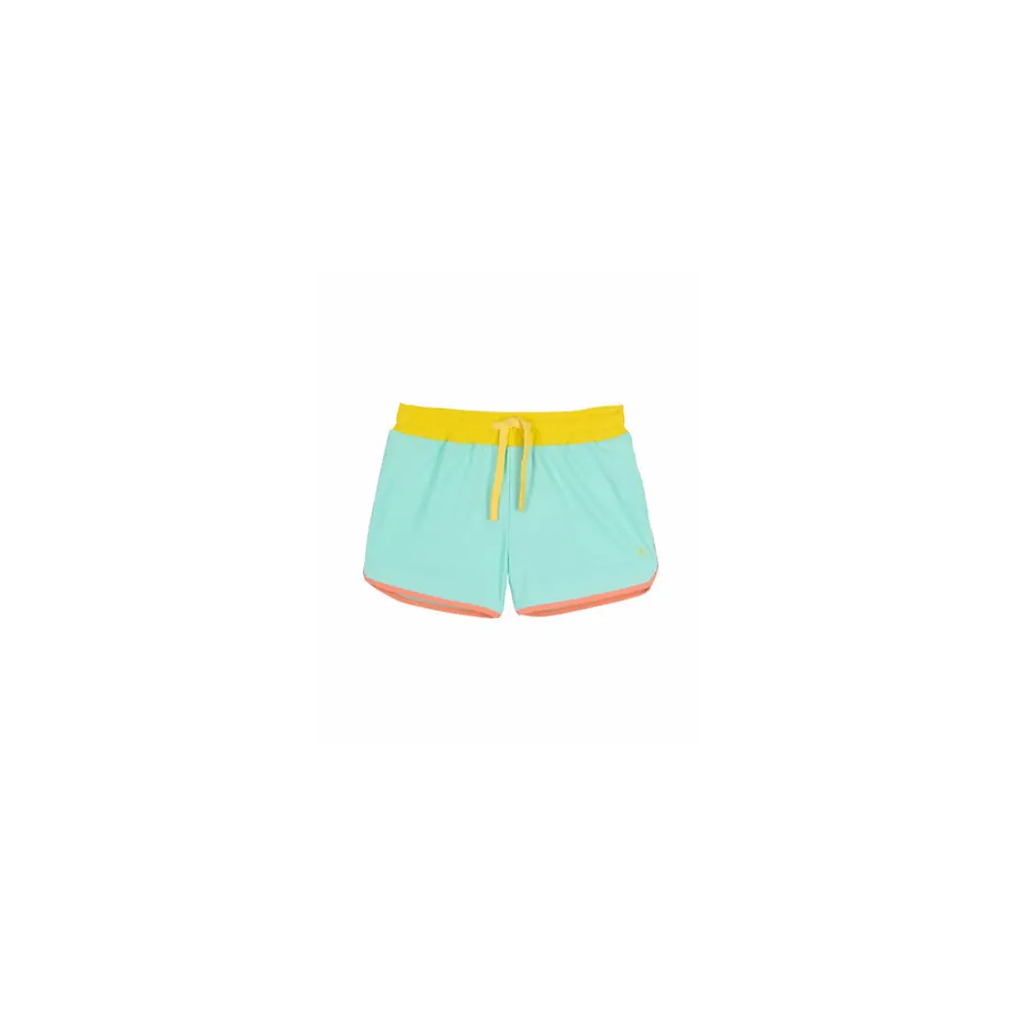BAÏNES kiwi turquoise anti-UV rash guard shorts with yellow waistband and orange trim