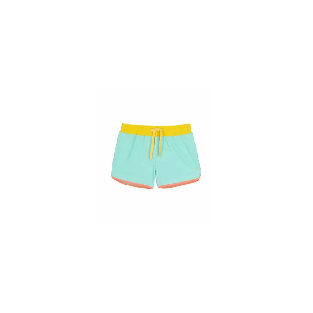 BAÏNES kiwi turquoise anti-UV rash guard shorts with yellow waistband and orange trim