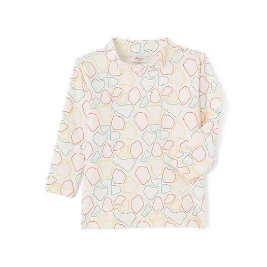 One-piece swimsuit Citron Grenadine BAÏNES papaya maillot anti UV berlingot, white with pastel shapes, long sleeves.