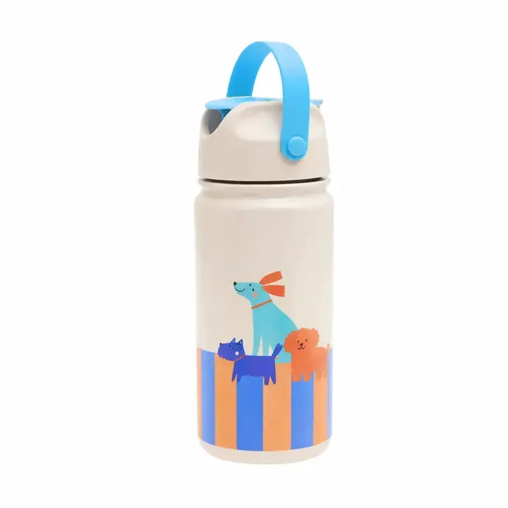 Gourde isotherme 420 ml THE COTTON CLOUD Citron Grenadine; beige bouteille avec sangle bleue et motif animaux.