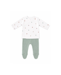 Two-piece baby ensemble by Citron Grenadine: white wrap-top with pastel bird print and mint-green ribbed pants