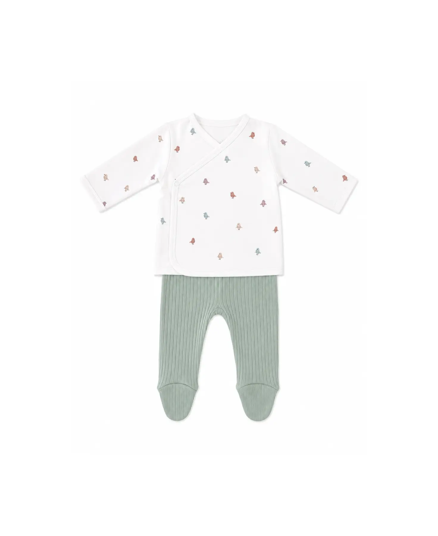 Two-piece baby ensemble by Citron Grenadine: white wrap-top with pastel bird print and mint-green ribbed pants