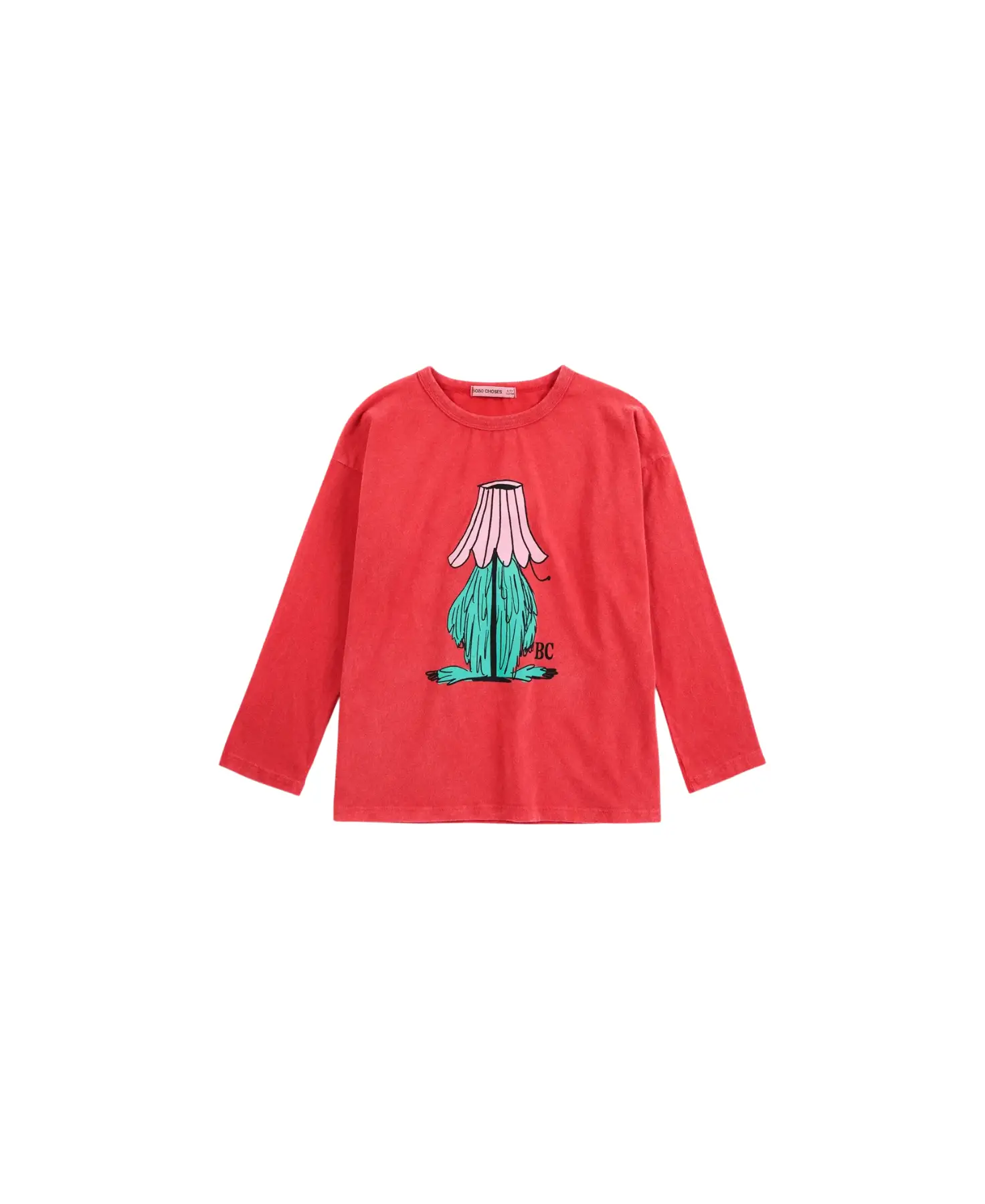 BOBO CHOSES red long-sleeve hidden monster t-shirt with pink top and teal body graphic