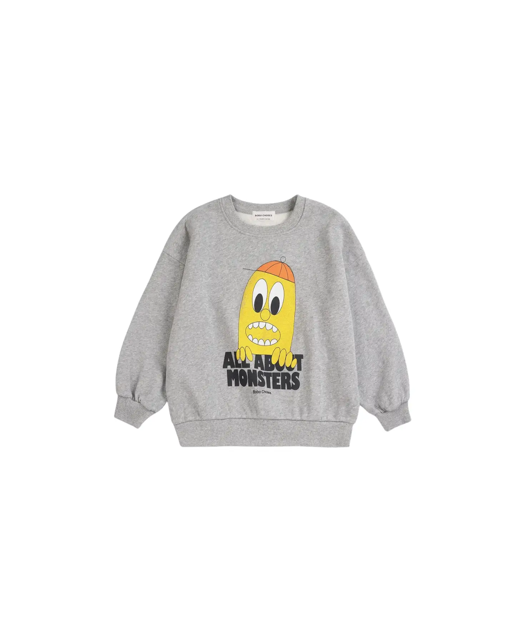 BOBO CHOSES bigtooth lemon sweatshirt, grey with yellow cartoon monster graphic