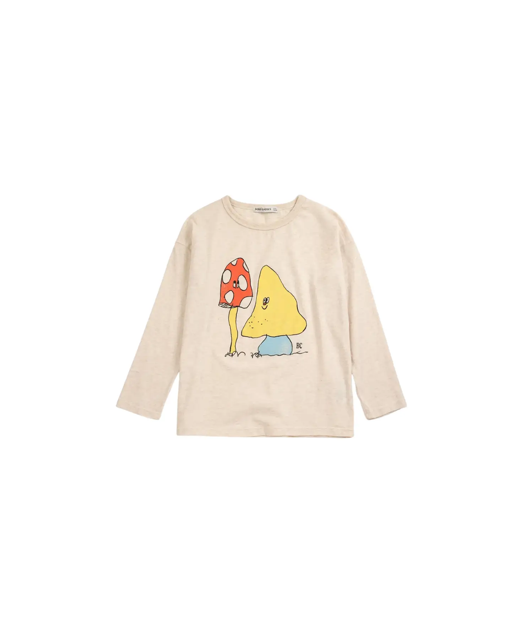 Mush Monster Duo T-shirt by Citron Grenadine, beige tee with two cartoon monsters: yellow triangle, red mushroom.
