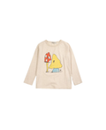 Mush Monster Duo T-shirt by Citron Grenadine, beige tee with two cartoon monsters: yellow triangle, red mushroom.