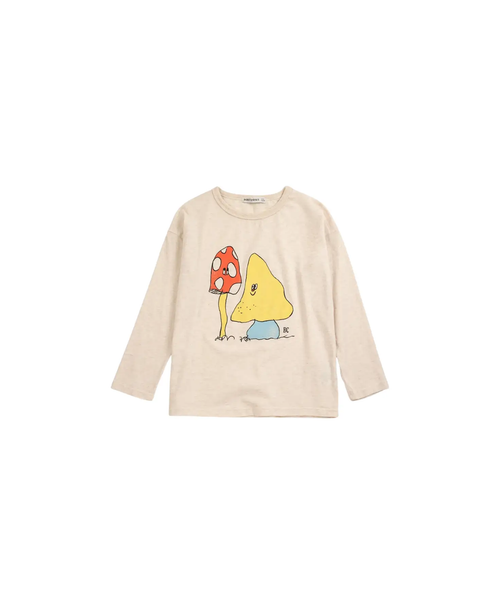 Mush Monster Duo T-shirt by Citron Grenadine, beige tee with two cartoon monsters: yellow triangle, red mushroom.