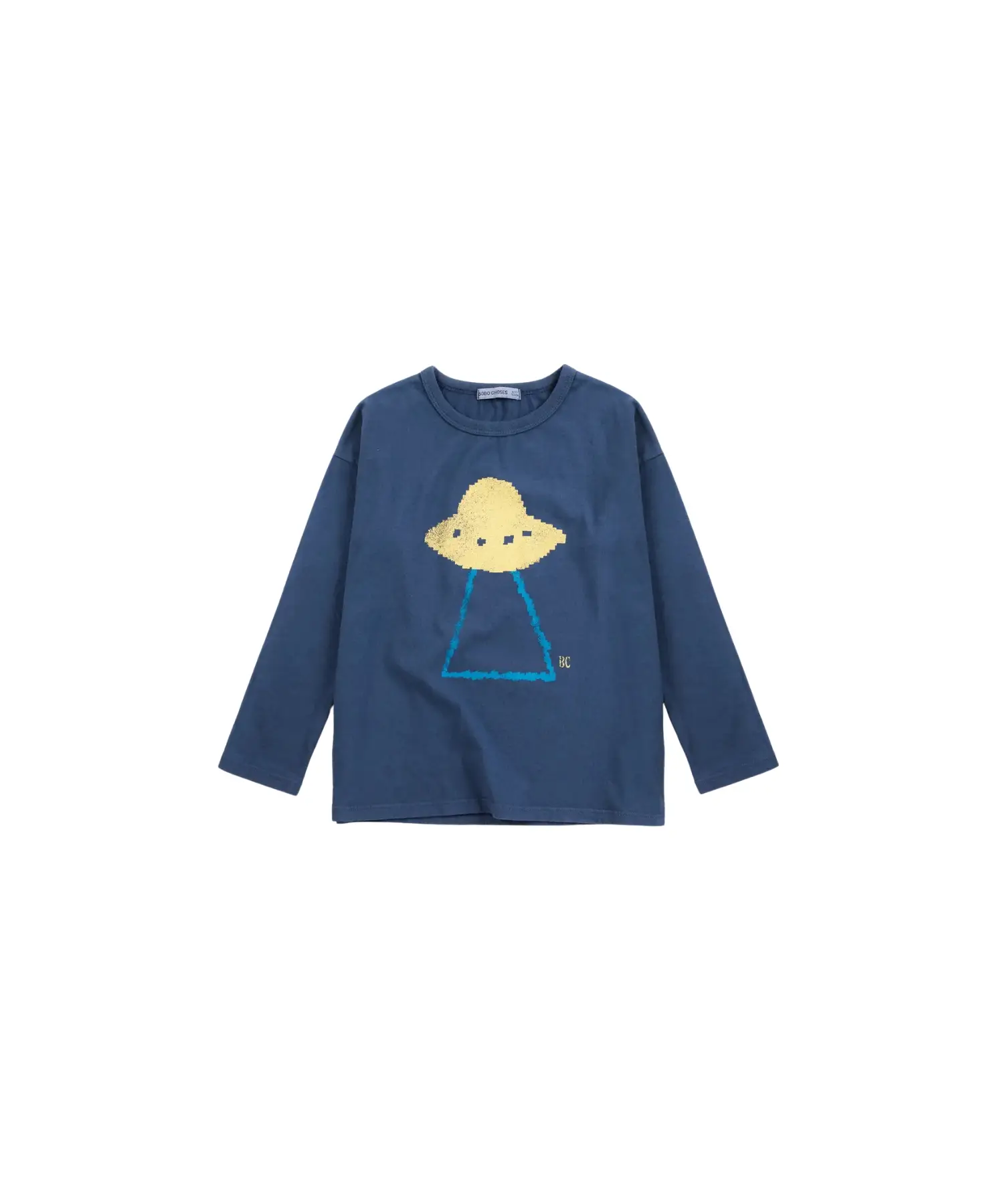 BOBO CHOSES Pixel Abduction T-shirt, blue with yellow pixel alien graphic