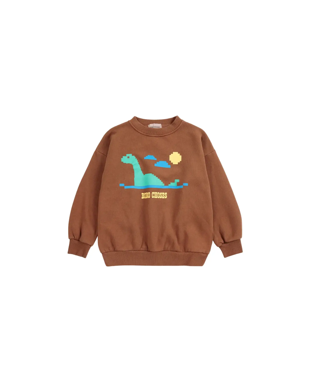 BOBO CHOSES Lake Monster sweatshirt, brown with turquoise pixel monster graphic and sun