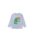 BOBO CHOSES hug hairy monster sweatshirt on light blue fabric with a green monster embracing an orange-haired character