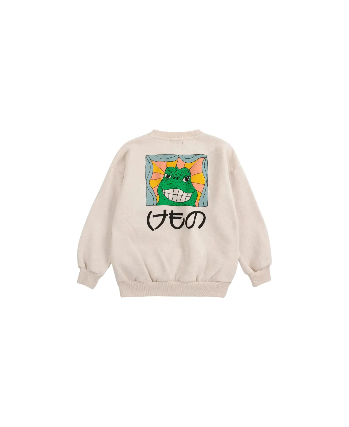 BOBO CHOSES beast sweatshirt in beige with back graphic of a green crocodile inside a sunburst frame and Japanese text