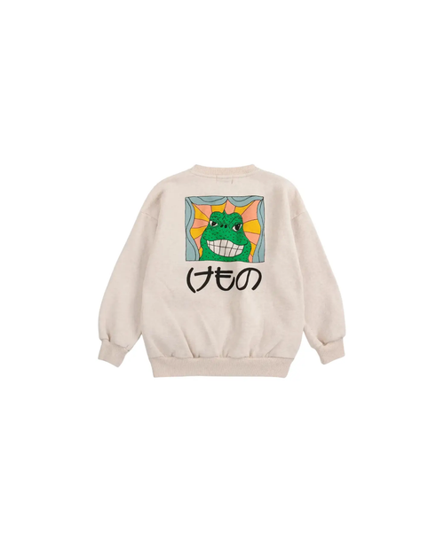 BOBO CHOSES beast sweatshirt in beige with back graphic of a green crocodile inside a sunburst frame and Japanese text