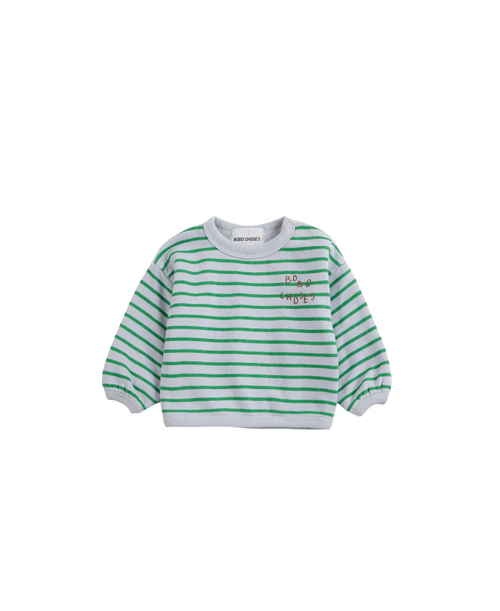 BOBO CHOSES striped sweatshirt with green horizontal stripes on light gray, ribbed crew neck and cuffs.