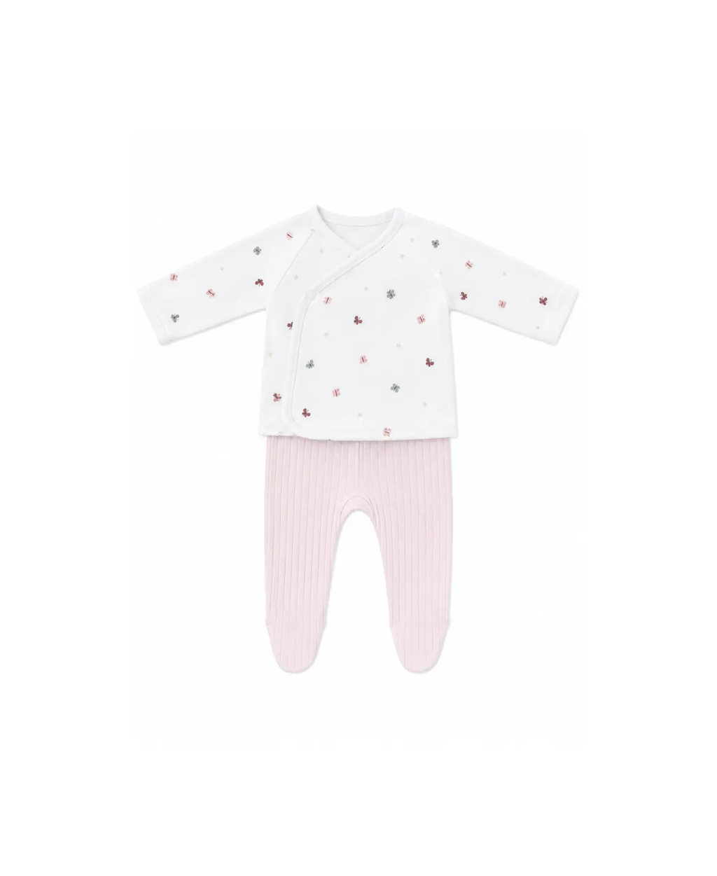 Two-piece baby ensemble: white wrap-top with pastel clover prints, paired with pink ribbed pants