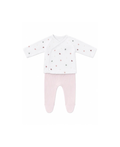 Two-piece baby ensemble: white wrap-top with pastel clover prints, paired with pink ribbed pants