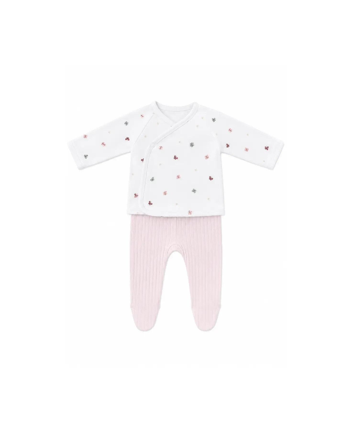 Two-piece baby ensemble: white wrap-top with pastel clover prints, paired with pink ribbed pants