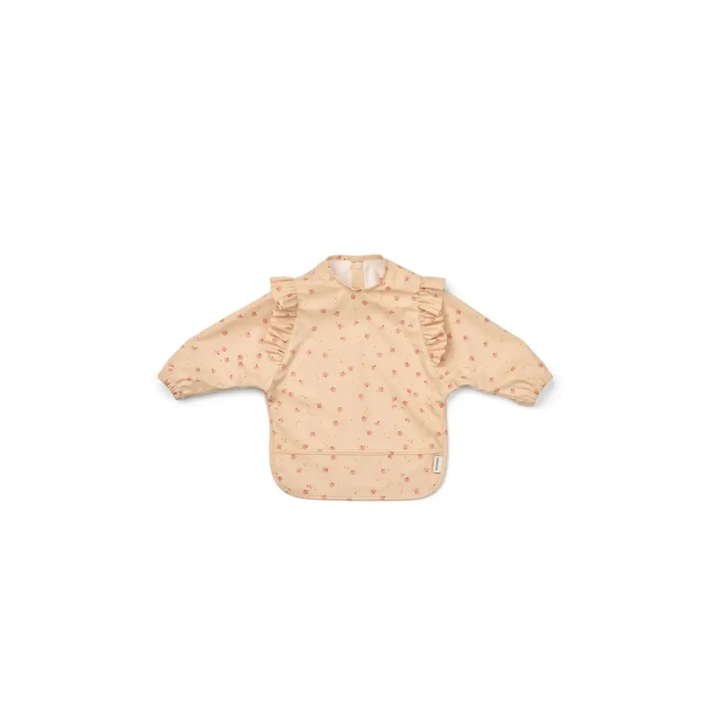 LIEWOOD Merle bib with long sleeves in peach apple blossom floral print, ruffled shoulders