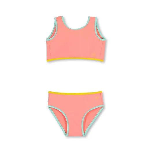 BAÏNES anti-UV bikini peach with turquoise trim and yellow waistband by Citron Grenadine (top and bottom)