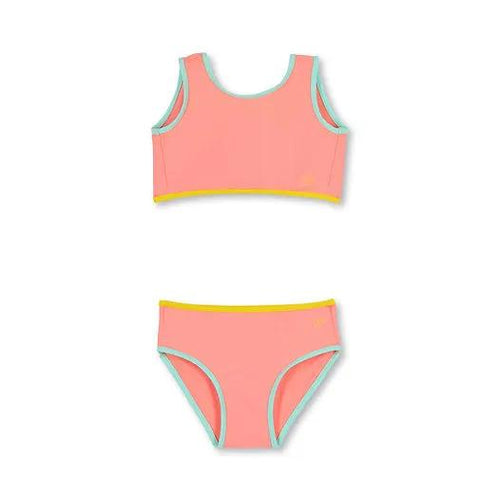 BAÏNES anti-UV bikini peach with turquoise trim and yellow waistband by Citron Grenadine (top and bottom)