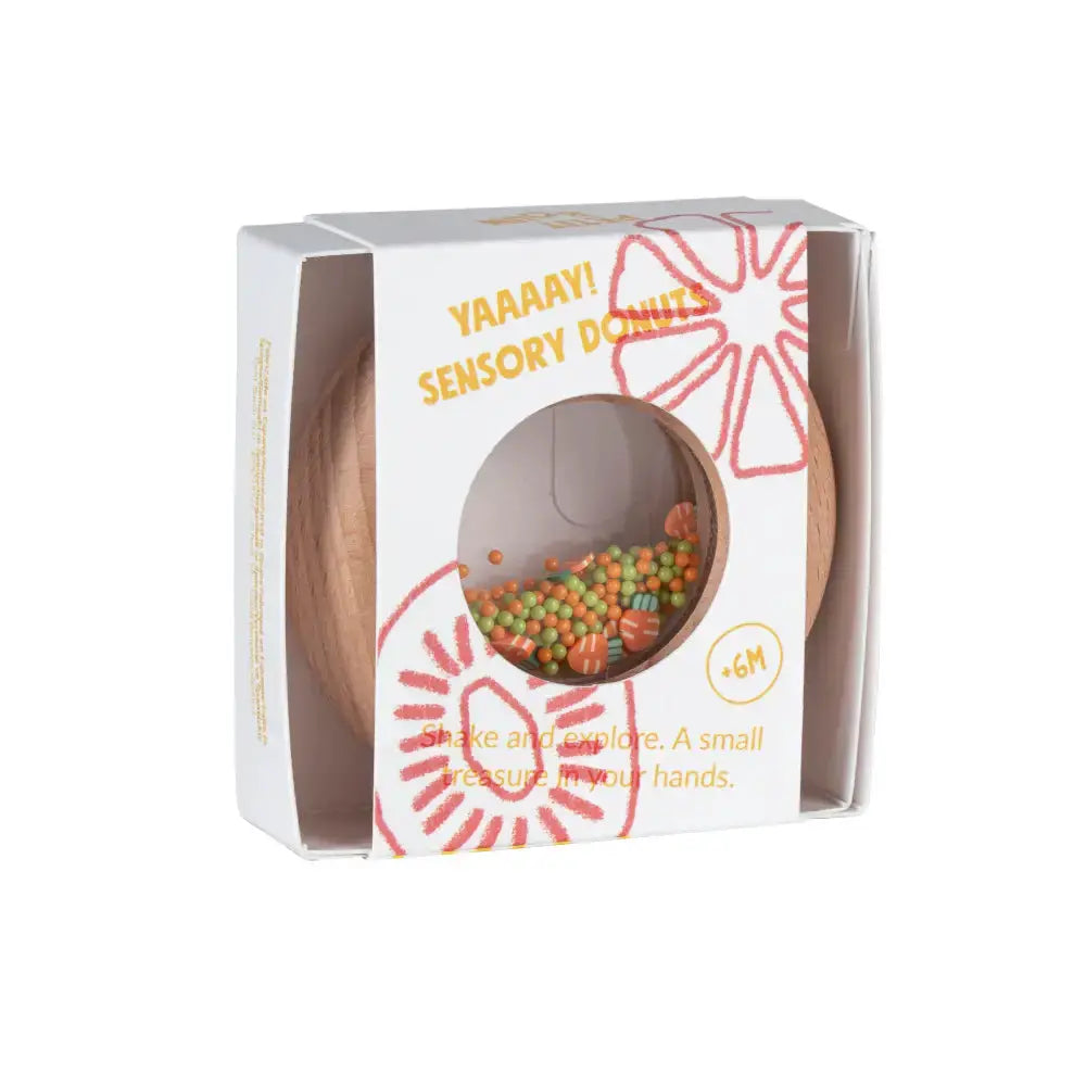 Petit Boum sensory donut teether with carrot beads, wooden, Citron Grenadine