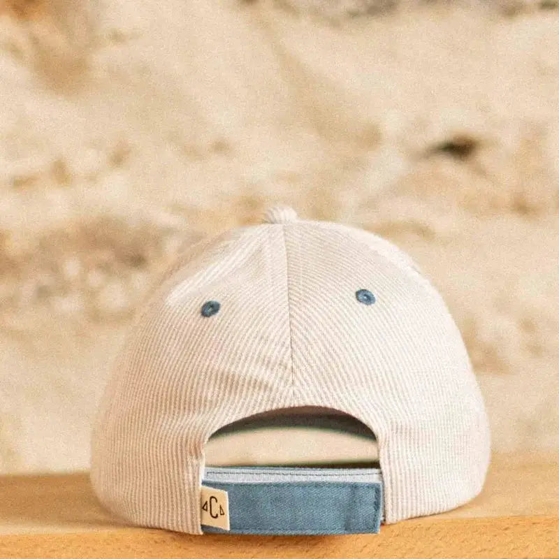 Casquette CHAMAYE marinière petit amour beige corduroy, réglable avec sangle denim bleu.
