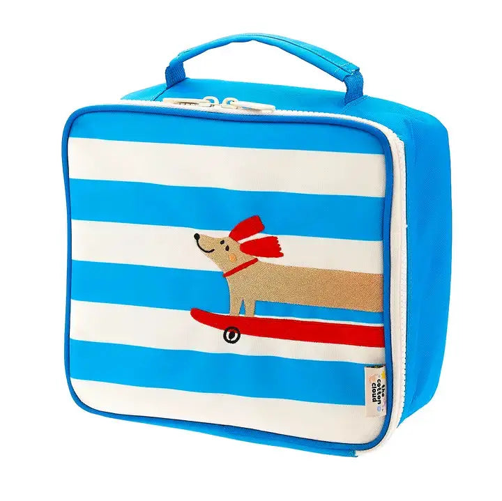 THE COTTON CLOUD sac isotherme lunch bag, blue striped with a dog-on-surf graphic by Citron Grenadine