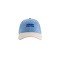 Baseball cap in blue sponge fabric with beige curved brim, embroidered SUMMER FOREVER.