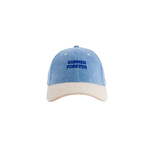 Baseball cap in blue sponge fabric with beige curved brim, embroidered SUMMER FOREVER.