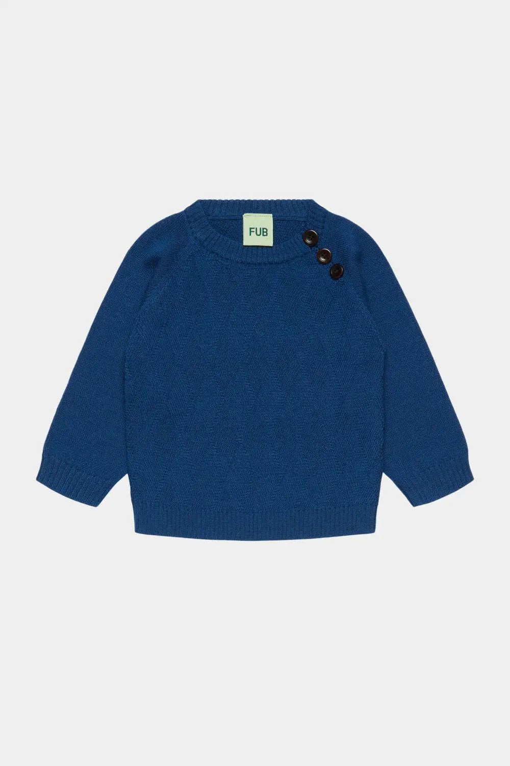 Pull arlequin en merinos deep indigo avec 3 boutons sur l'épaule, FUB