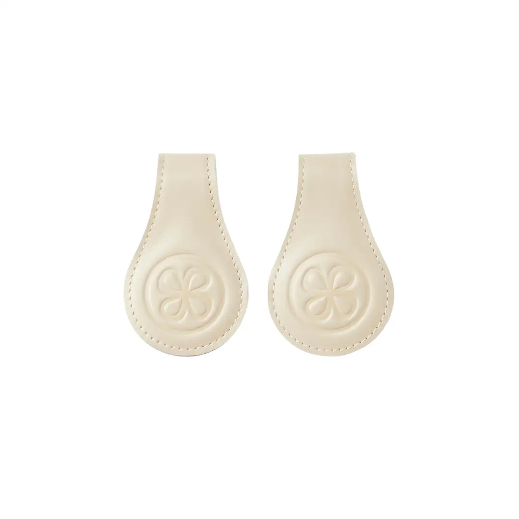 CLOBY stroller clips beige by Citron Grenadine, pair of leather clips with embossed flower badge