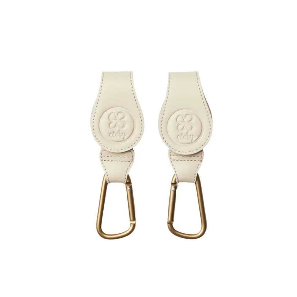 Cloby beige leather stroller hooks with gold carabiners, set of 2