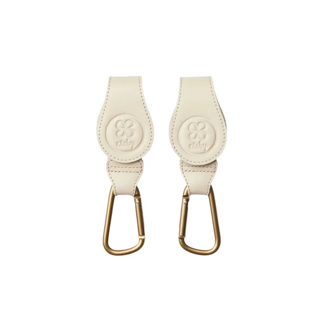 Cloby beige leather stroller hooks with gold carabiners, set of 2