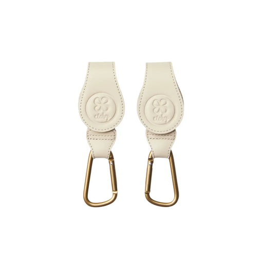 Cloby beige leather stroller hooks with gold carabiners, set of 2