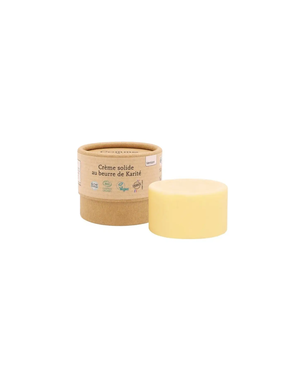 COMME AVANT crème solide au beurre de karité, emballage kraft et bloc jaune, Citron Grenadine – Protection solaire