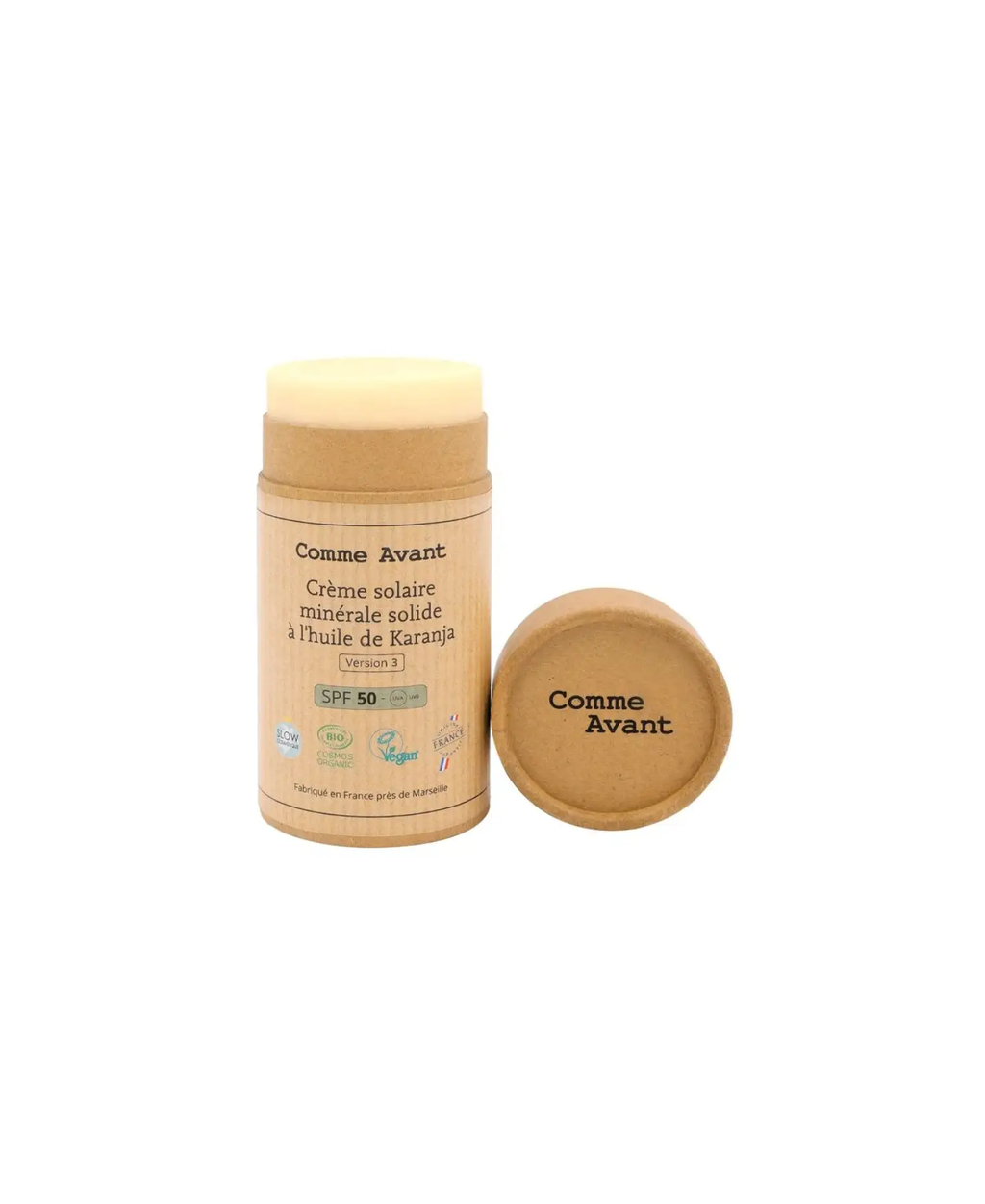 Comme Avant solid mineral sunscreen stick with moringa oil in kraft wooden tube SPF 50