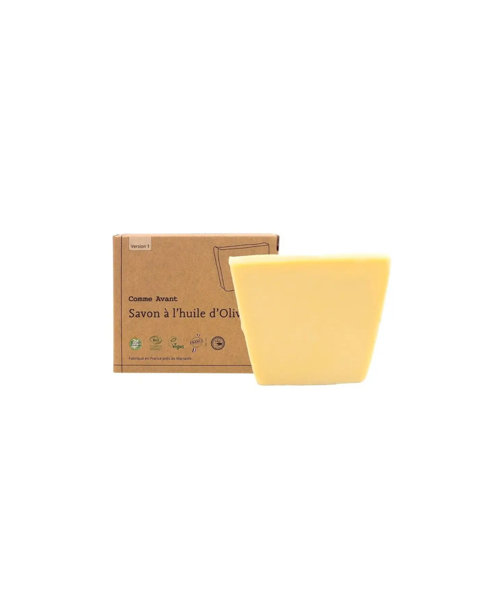 Savon solide COMME AVANT à l'huile d'olive, jaune pâle, emballage carton marron