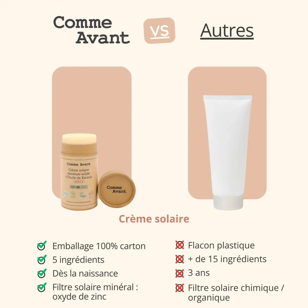Crème solaire minérale solide Comme Avant à l'huile de karanja, duo d'emballages bois et tube blanc