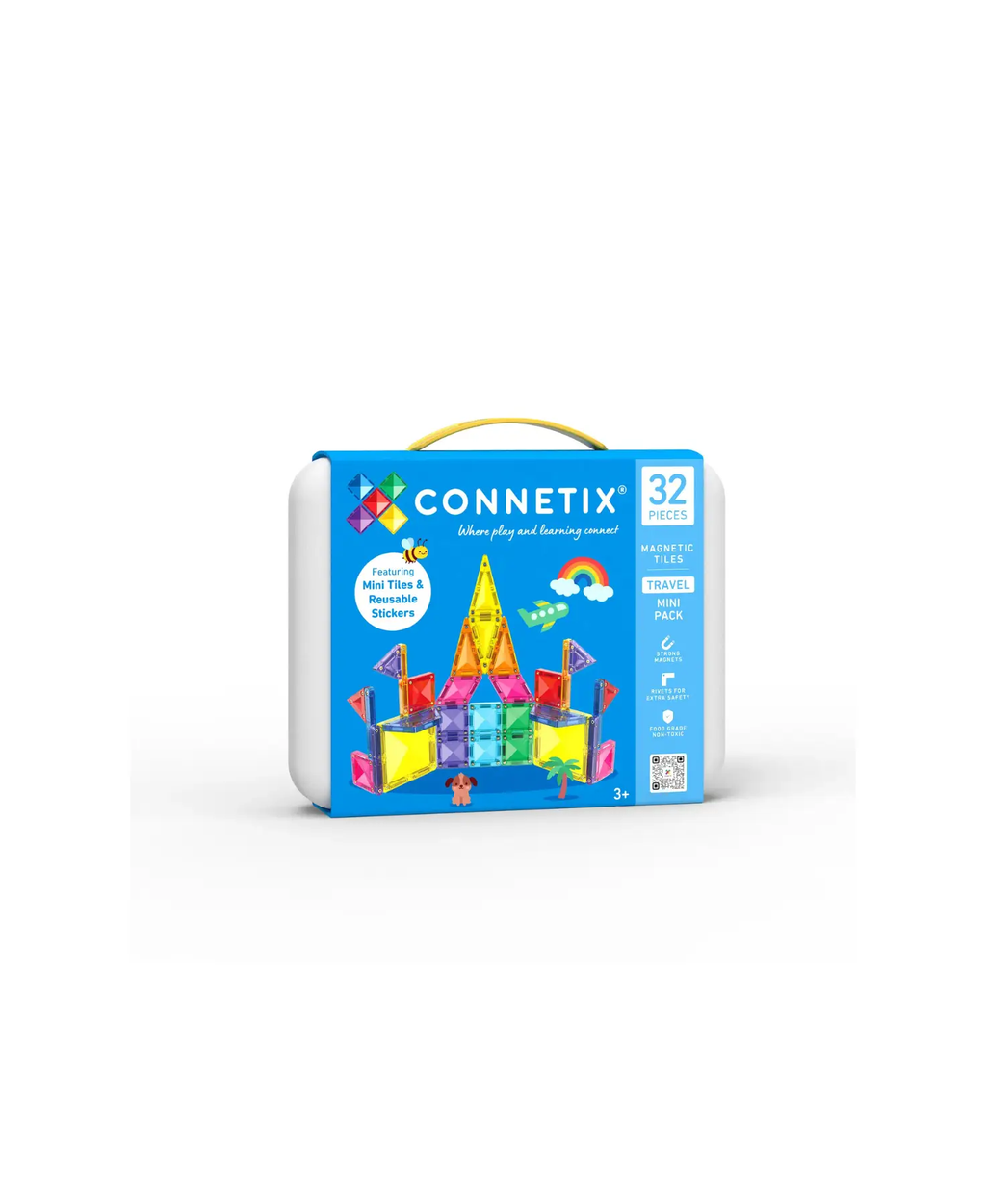 Connetix Travel Mini Pack 32 pc in blue carry case with yellow handle and colorful magnetic tiles