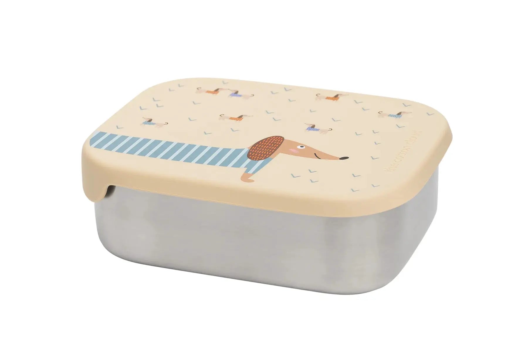 The Cotton Cloud lunchbox with beige lid and gray base featuring a dachshund illustration