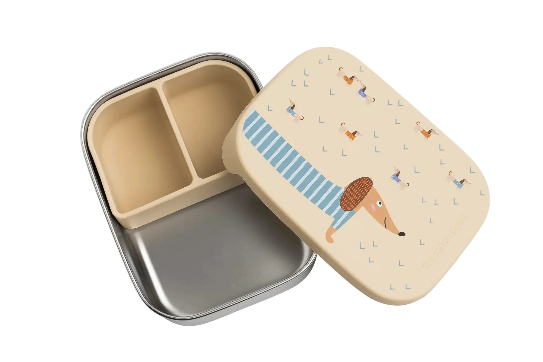 THE COTTON CLOUD lunchbox by Citron Grenadine, beige tin with dachshund illustration and dual-compartment interior.
