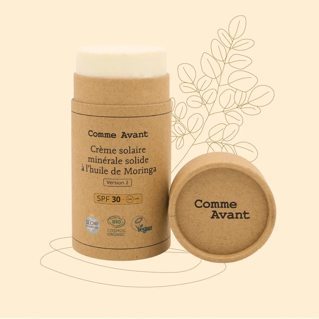 Comme Avant crème solaire minérale solide SPF30 à l'huile de moringa, emballage kraft