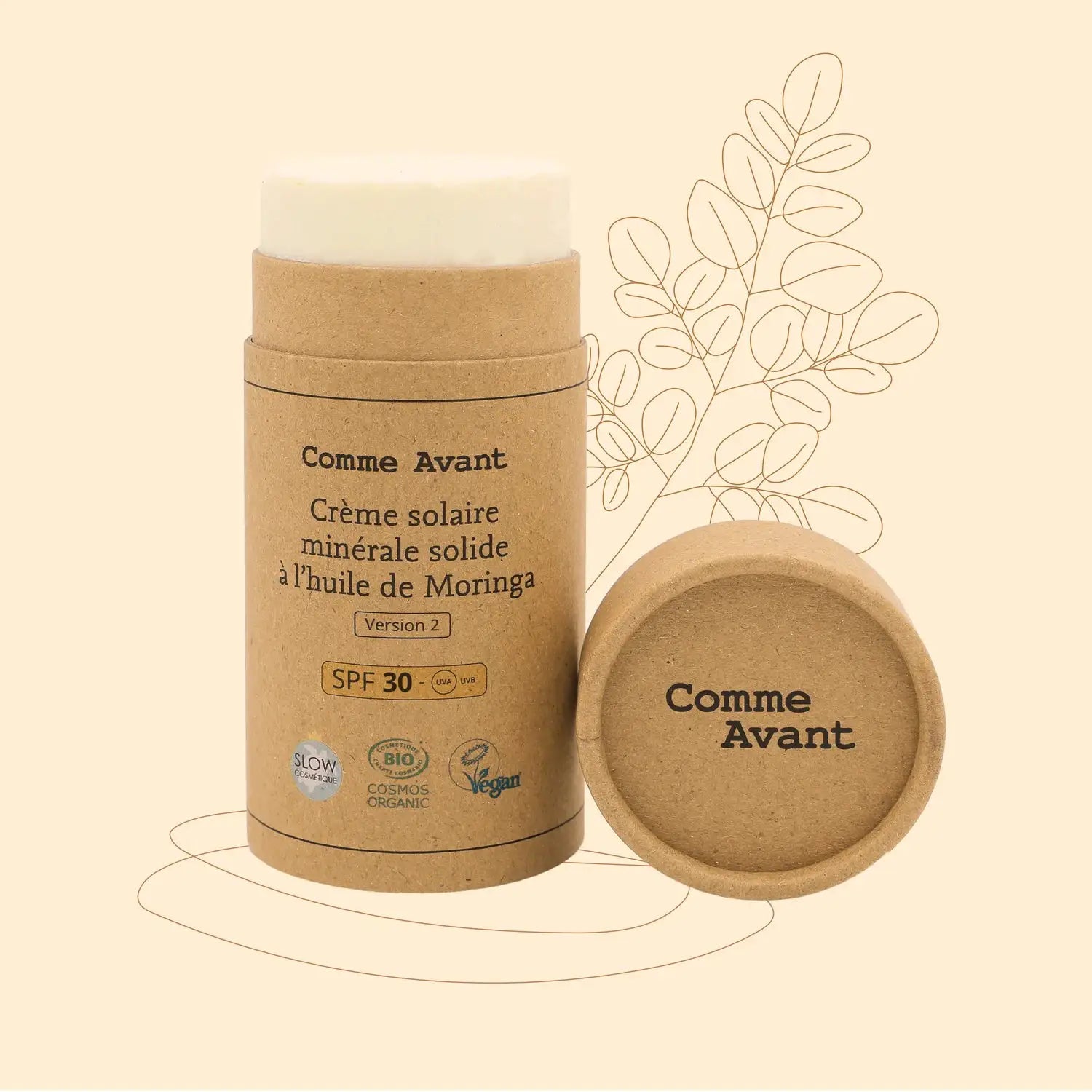 Comme Avant crème solaire minérale solide SPF30 à l'huile de moringa, emballage kraft